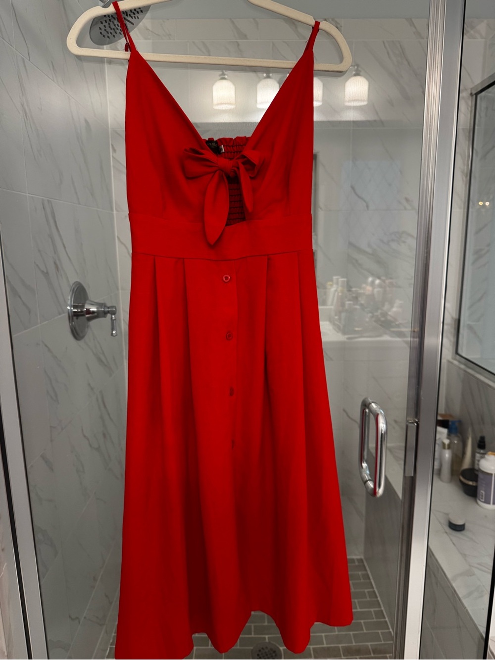 Tie-Front Red Midi Dress with Spaghetti Straps